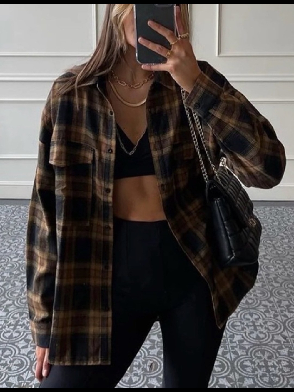 12th Tribe Fireside Mocha Plaid Button-Up Shirt Jacket in Brown and Black